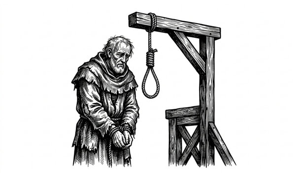 Vintage prisoner and gallows sketch vector illustration isolated on white background