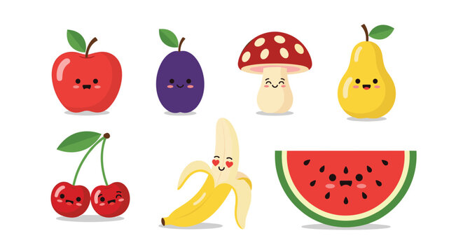 Selection of cute anthropomorphic fruit and vegetable characters with happy faces including an apple and a banana.