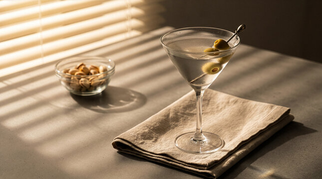 A classic martini cocktail with olives and a side of pistachios on a textured surface with dramatic light and shadow from blinds