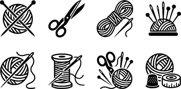 vector icons of yarn balls with sewing equipment needles and she
