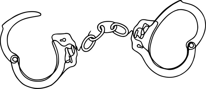One Line Drawing of Open Handcuffs, Clean Design Representing Justice and Security, Handcuffs in one continuous line drawing. Symbol of police justice and jail prison concept in simple linear style 