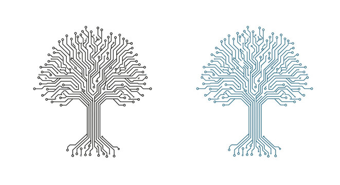 Conceptual trees formed by intricate electronic circuit board patterns represent the intersection of nature and advanced technology.