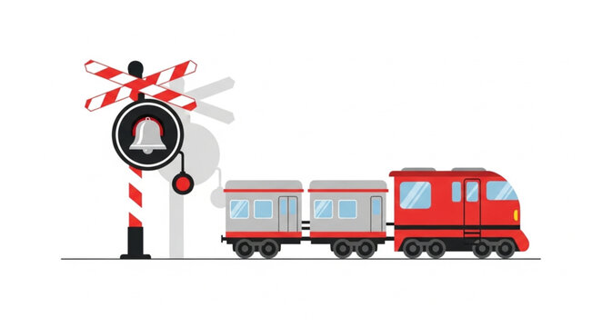 Red train with two carriages at a railway crossing.