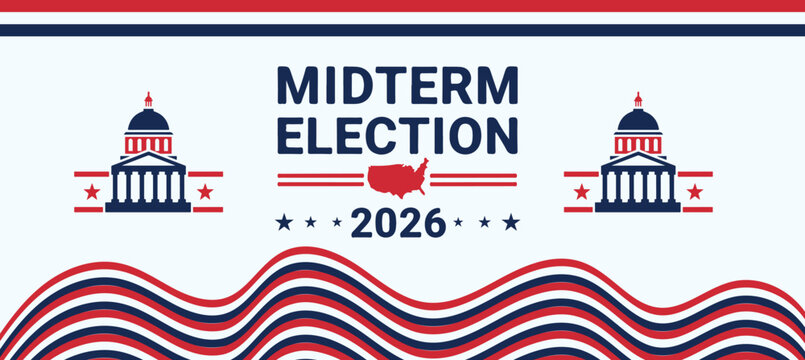 Wave Pattern Midterm Elections 2026 Banner Design with Patriotic Red Blue White Theme