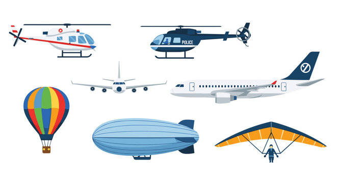 Diverse assortment of aircraft types featuring passenger planes, a police helicopter, a blimp, and a colorful hot air balloon.