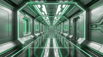 Obraz premium Futuristic Green Neon Metallic Spaceship Corridor