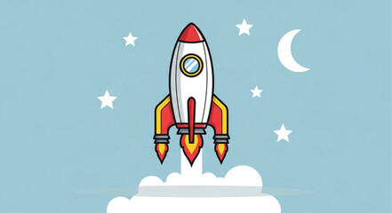 Rocket Ship Launching into Night Sky with Stars and Moon. © Putra