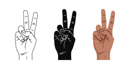 Fototapeta premium Set of three hands features various skin tones and artistic styles all making the universal peace or victory sign with two fingers raised.