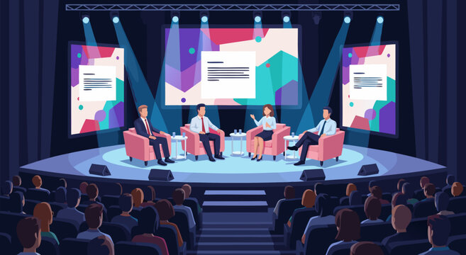 Panel discussion and presentation on stage in a conference hall, a vector illustration of a business event
