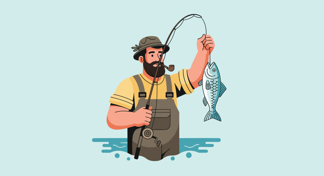 Bearded fisherman wearing a hat and waders stands in the water while smoking a pipe and holding his freshly caught fish.