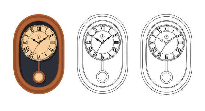 Elegant wooden wall clock with a swinging pendulum is presented in a full color version alongside black outline and line art styles.