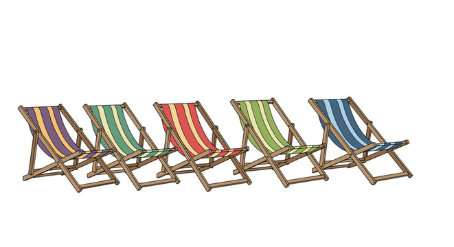 Row of five colorful striped beach deck chairs made of wood and fabric isolated on a white background for summer vacation themes.
