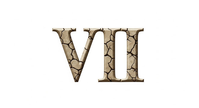 Roman numeral seven with cracked earth texture isolated on white.