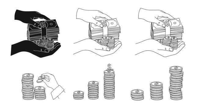 Collection of black and white sketches and silhouettes showing hands holding stacks of banknotes and piles of metallic coins.