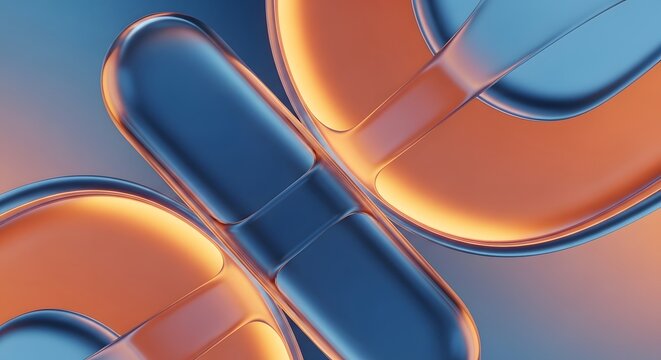 Glossy metallic blue and orange pharmaceutical capsules. Modern healthcare medicine and nutritional supplement science. Abstract pills floating in a stylized clinical layout.