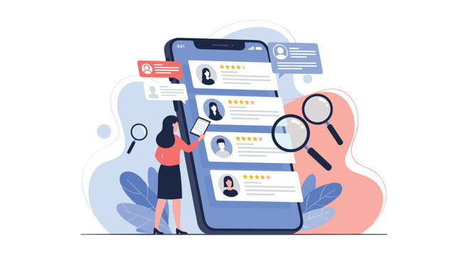 Human resources and recruitment process featuring woman searching candidate profiles and star ratings on large mobile phone screen.