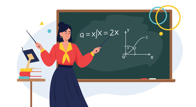 Professional female teacher explains complex mathematical equations and graphs on a large classroom blackboard using pointers.