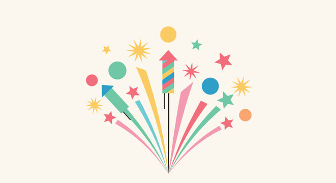 Festive colorful fireworks display with rockets stars and vibrant celebratory bursts against a soft neutral background.