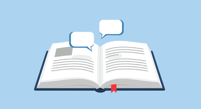 Minimalist graphic of an open book with two empty speech bubbles for communication and educational dialogue concepts.