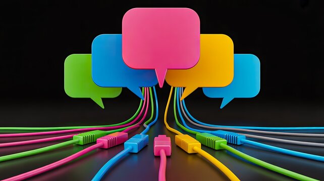 Colorful speech bubbles connected with cables representing digital communication technology
