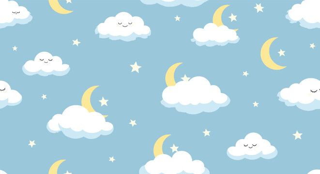 Seamless nursery pattern of cute sleeping clouds with crescent moons and stars on a peaceful blue background.