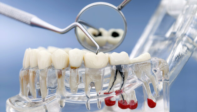 Dental examination concept. Dentist tools mirror and probe checking a transparent anatomical jaw model showing cavities in reflection, root canals, and impacted wisdom tooth.