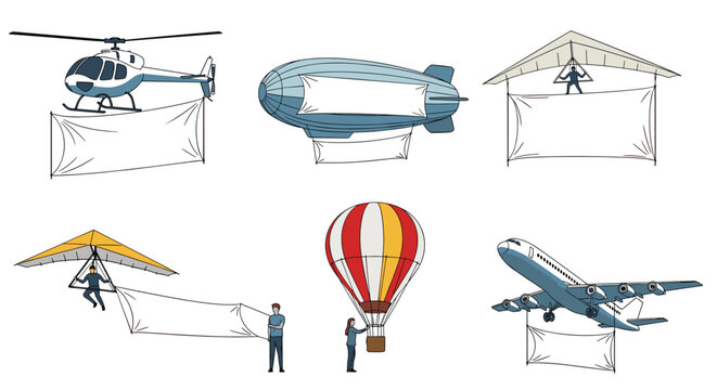 Diverse collection of aircraft including a helicopter blimp and airplanes towing blank advertising banners across the clear sky.