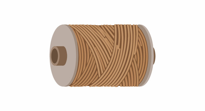 A brown string is wound around a spool with grey ends and a brown core
