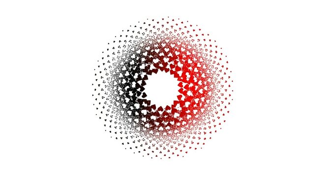 Circular halftone pattern made of playing card suit symbols. Casino gambling and poker game graphics. Red and black heart shapes fading into a central white space.