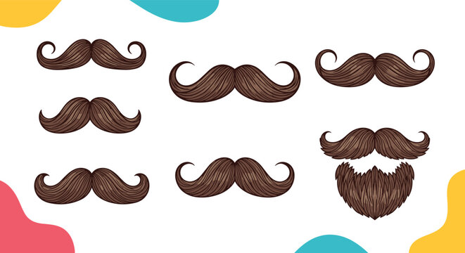 Set of six different brown moustache styles and one full beard design for character creation fashion or barber shop reference.