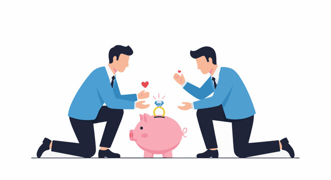 Two men propose to a piggy bank with a ring and hearts