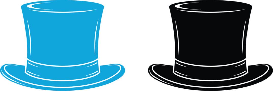 Minimalist blue and black top hat illustrations for magician or holiday themed design