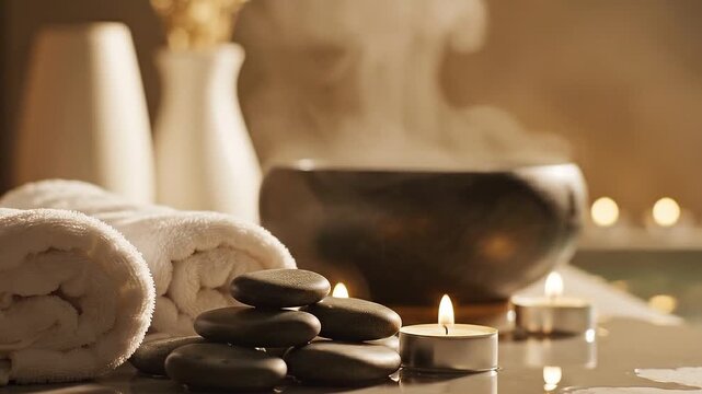 Warm and inviting spa setting with basalt stones, fluffy towels, and aromatic steam, creating a tranquil atmosphere for relaxation and holistic wellness