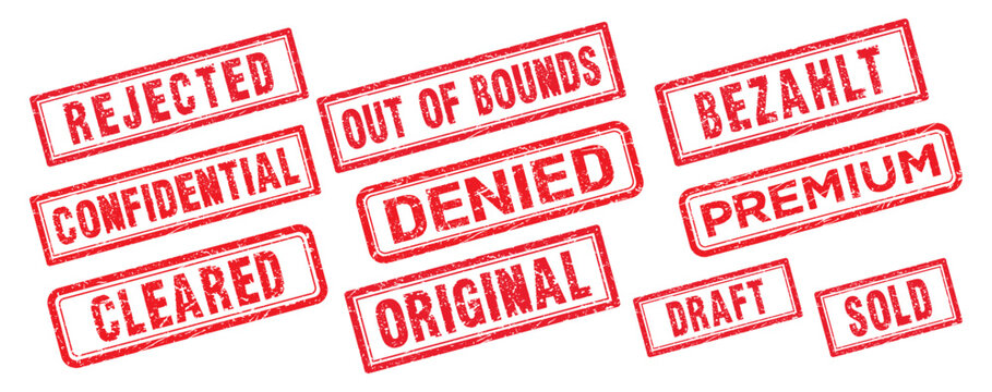 Red grunge rubber stamp set. Containing text rejected confidential cleared denied original bezahlt premium draft and sold design. Editable vector stamp illustration