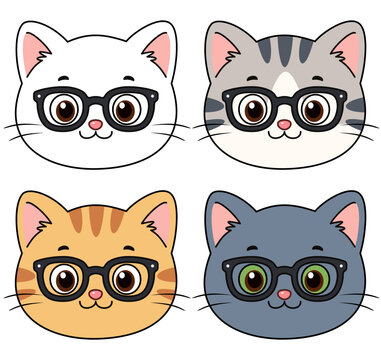 Set of adorable cartoon cat avatars wearing black glasses with unique fur colors and eye styles. Cute feline character collection for stickers, mascots, profile icons, and social media design.
