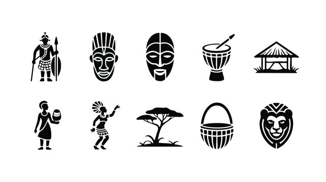 African cultural symbols and icons in black silhouette on white background