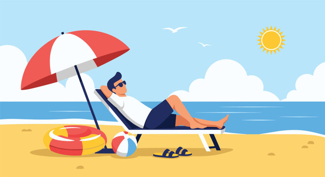 Summer vacation and relaxation concept featuring young man resting on beach chair under colorful umbrella on sunny seaside shore.