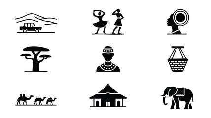 African culture icons set with safari vehicle, Tree, Elephant, And traditional hut © logodesign11