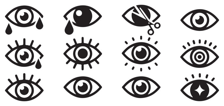 Crying eye icons set with teardrops and long lashes vector illustration eps 10