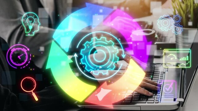 Hands Typing on Laptop with Colorful Digital Icons Representing Workflow, Innovation, Data Analysis, and Business Strategy in Modern Office Environment Sigmoid