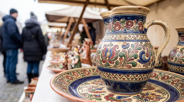 Eastern European ceramic pottery folk patterns handmade market craft heritage ornamental painted tableware at an outdoor bazaar highlights artisan tradition regional design and souvenir shopping