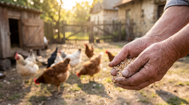 Eastern European village chickens elderly hands rural farming homestead heritage older person feeding poultry in a rustic yard conveys self sufficiency countryside routine sustainable living