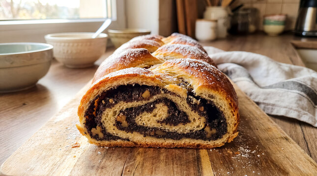 Eastern European poppy seed roll pastry traditional dessert baking heritage sliced sweet spiral loaf on rustic board evokes holiday baking family celebration and old world bakery culture for recipe