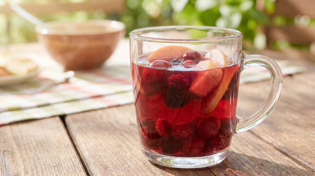 Eastern European compote fruit drink homemade traditional beverage heritage tradition red berry drink served in glassware suggests preserved summer flavor family meals and nostalgic pantry culture
