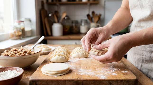 Eastern European dumplings pleating hands homemade dough kitchen heritage tradition careful shaping of filled dough on wooden board shows family cooking skill comfort food preparation and culinary
