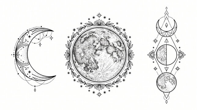 Moon Tattoo Flash Sheet with Crescent Full Moon and Geometric Lunar Phase Black Ink Vector Designs