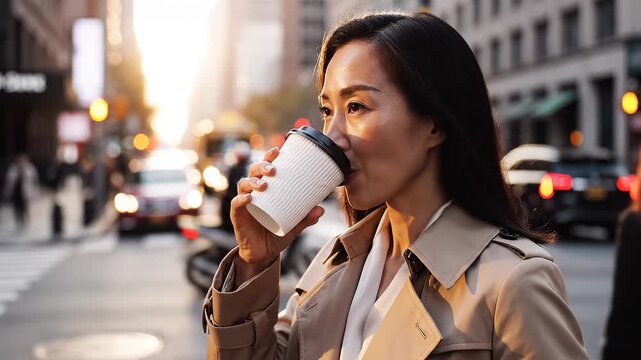 Professional Asian woman enjoys a warm cup of coffee on a bustling city street during a sunny day commute, embracing urban lifestyle and finding a moment of calm