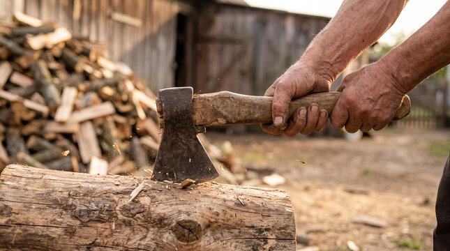 Eastern European firewood splitting axe elderly hands rural heritage tradition weathered hands using axe near woodpile show practical village labor winter preparation and resilient countryside life