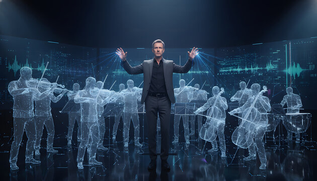 Conductor directing a holographic orchestra in a futuristic digital music lab with and data visuals