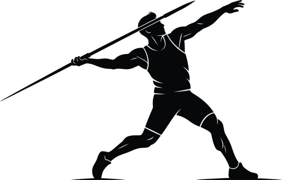 Minimalist black silhouette illustration of a javelin thrower in action